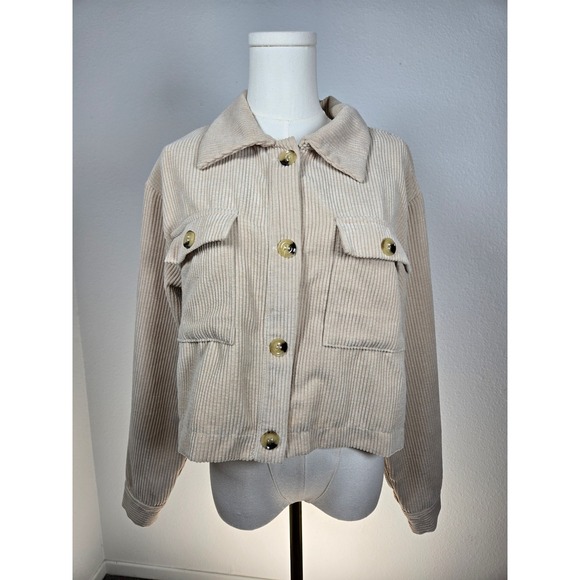 Corduroy Cropped Jacket‎ Button Down Shirt Jacket Beige Women's - Picture 1 of 8